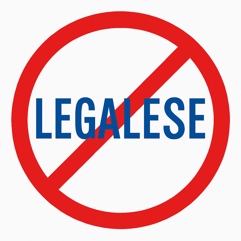 A traffic sign with the word LEGALESE inside a red circle with a red diagonal slash through it, all on a white background