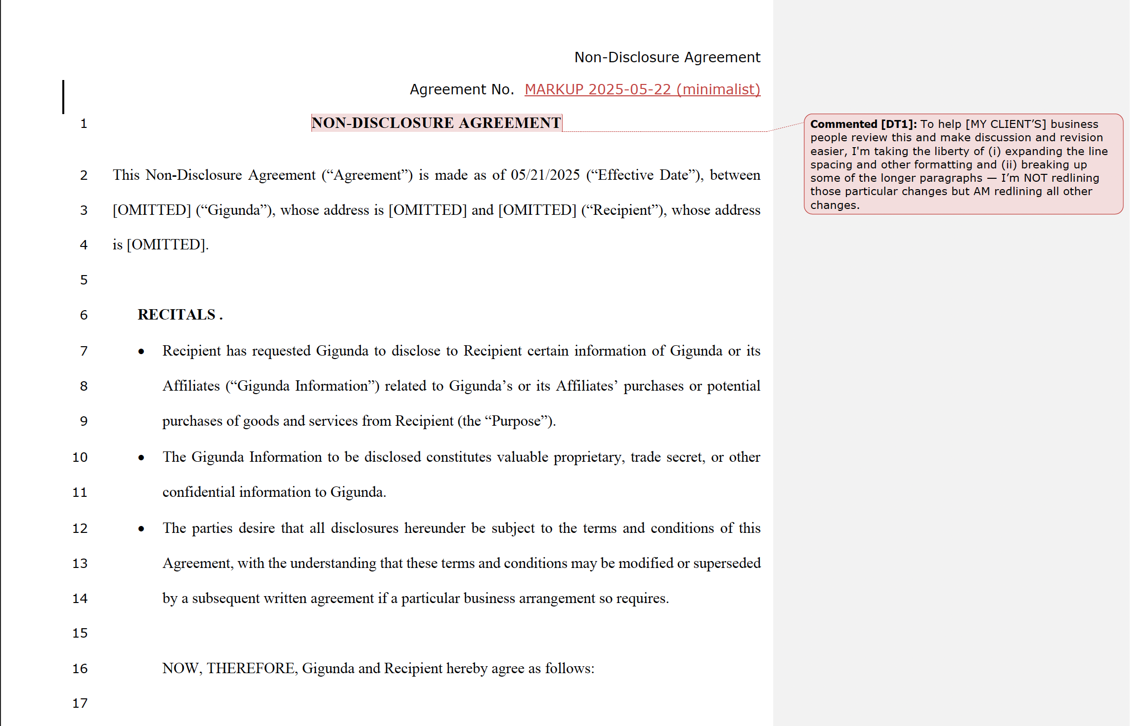 Screen shot of part of page 1 of an NDA, with line numbers in the margins