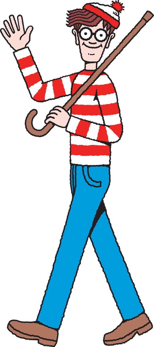 Image of Waldo walking with a cane over his shoulder and waving to his right, from the author's Web site